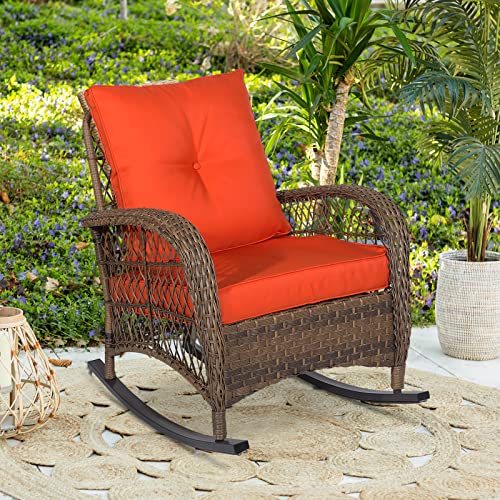 W Warmhol Outdoor Wicker Oversized Rocking Chair, All Weather- Resistant Patio Rocking Chair For Garden Lawn, Patio Wicker Furniture Seat With 4” Thick Cushion, Orange #TOP3