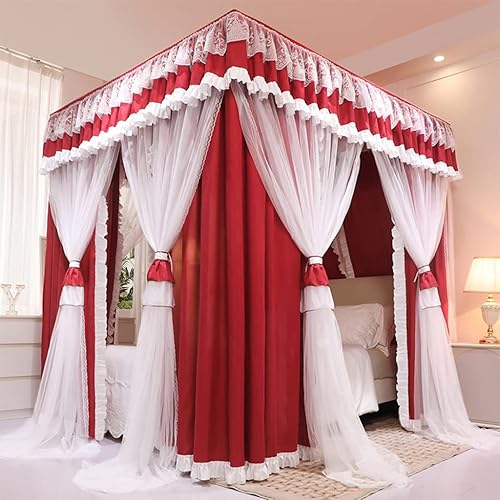 Vista 34 de Toldo de cama de 4 postes de esquina de princesa y bonita mosquitera para cama de niñas, dormitorio de adultos, habitaciones de niños; red de Vino