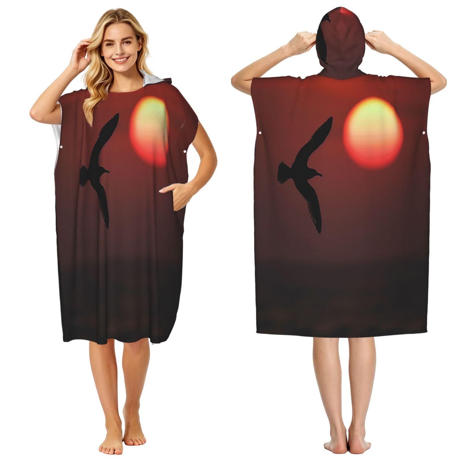 KLGRTJHK Sunset And Birds Adult Hooded Beach Poncho Towel 43"X35"