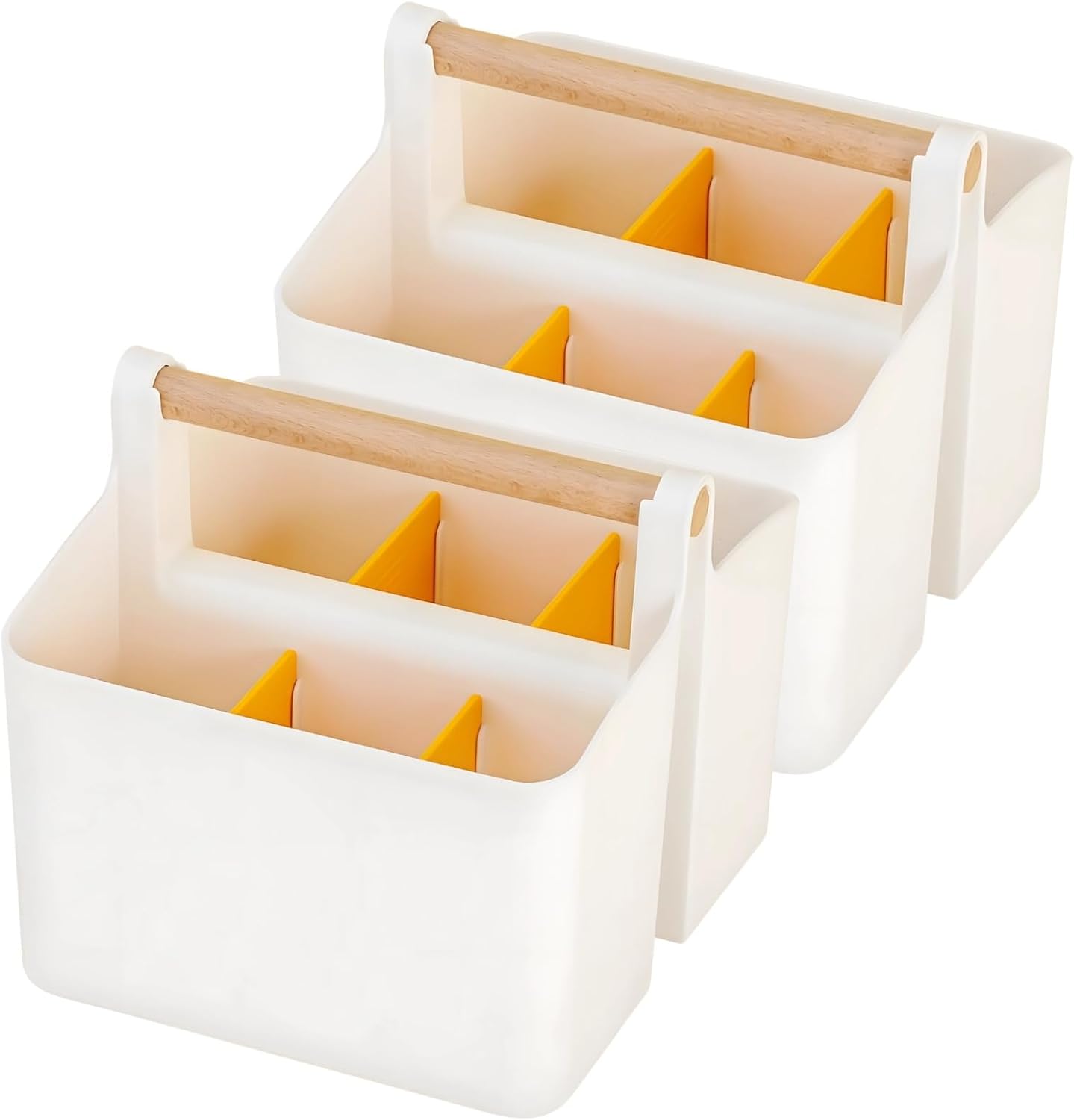 2 Piece Small Yellow Art Supply Organizer with Dividers, Craft Storage Box with Large Capacity, Wooden Handle, Adjustable Compartments for Brushes and Classroom Items