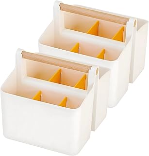 2 organizadores de suministros de arte pequeños amarillos con divisores, organizador grande para manualidades con mango de madera, compartimentos ajustables para marcadores y suministros de