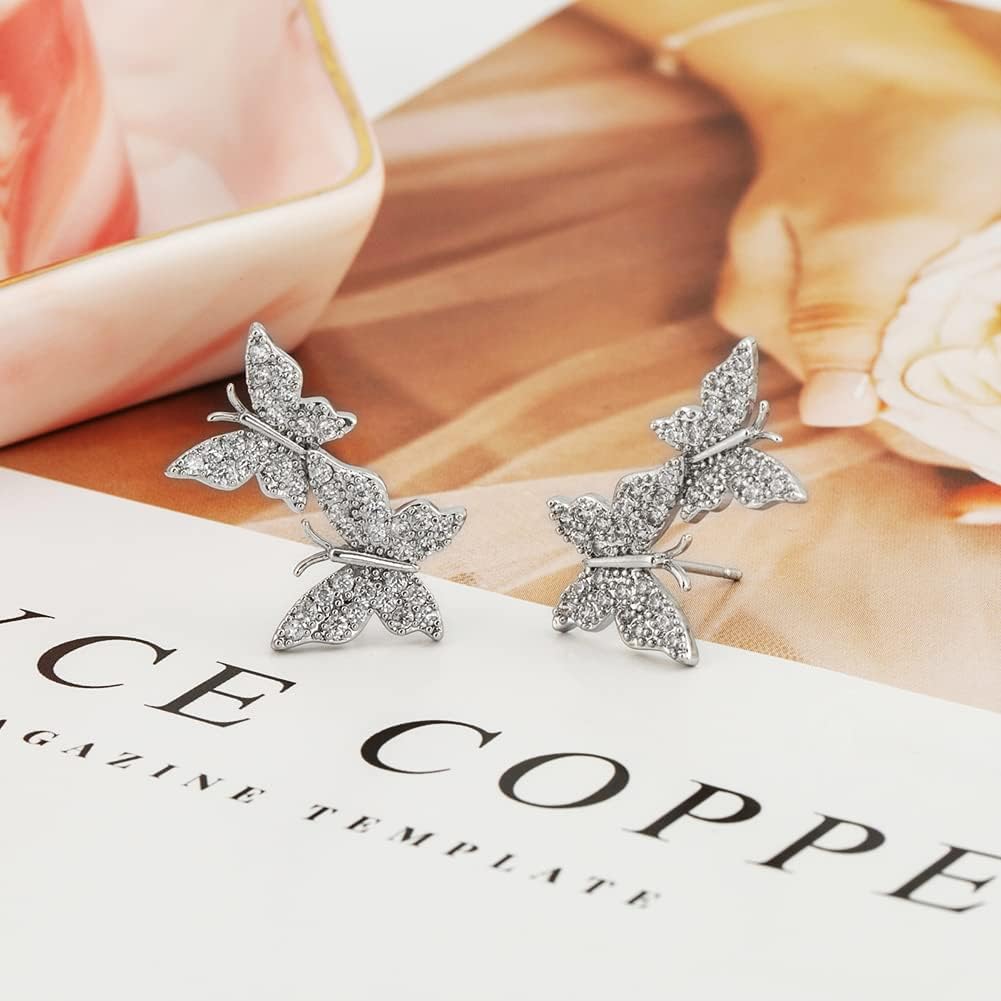 Zircon Butterfly Stud Earrings - 14K Gold Plated CZ Pave Butterfly Earrings for Women,Good Gift for Sister,Lover - Image 7