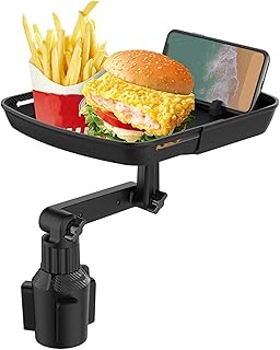 QKDS Car Cup Holder Tray, 2 in 1 Cup Drink Holder Expander with Detachable Food Tray, Portable 360º Rotation Adjustable Stretchable Non-Slip Car Tray for Travel Road Essentials(Color:Black)