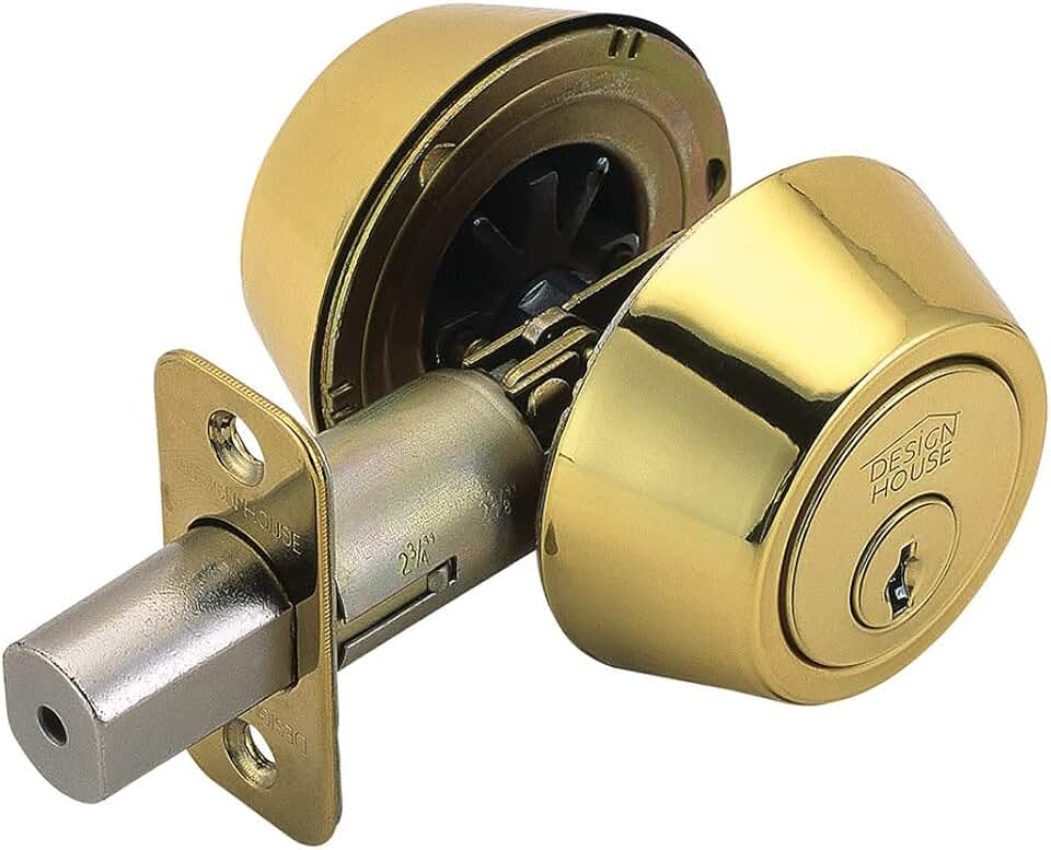 Design House Double Cylinder Deadbolt Lock, Polished Brass Front Door Lock, Fits 2-3/4" &amp; 2-3/8" Backsets, for 1-3/8"–1-3/4" Doors, ANSI Grade 3, 782771