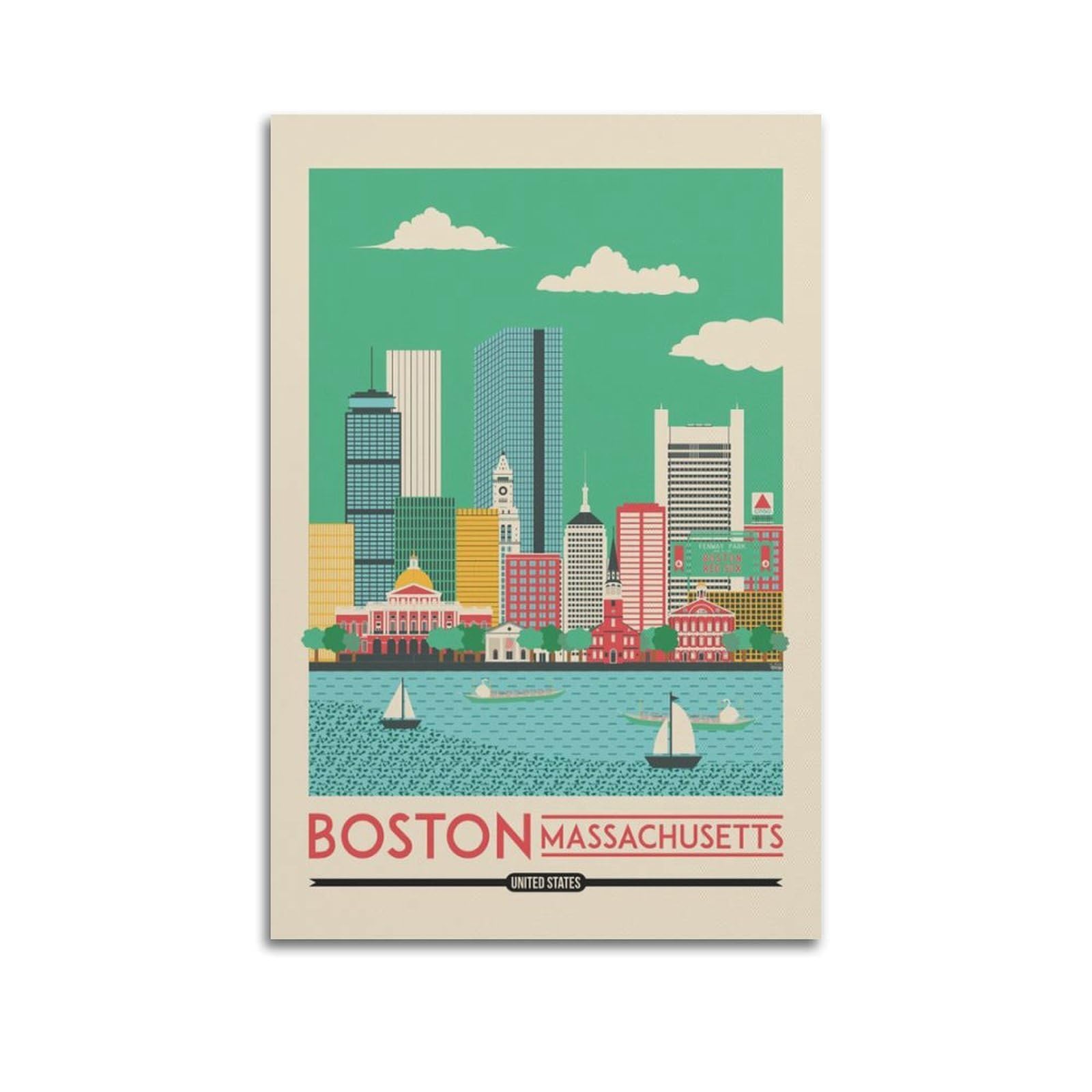 Travel Poster Boston Massachusetts, City Skyline by The River.jpg Poster Modern Wall Art Canvas Aesthetic Decoration Painting 24x36inch(60x90cm) Unframe-style