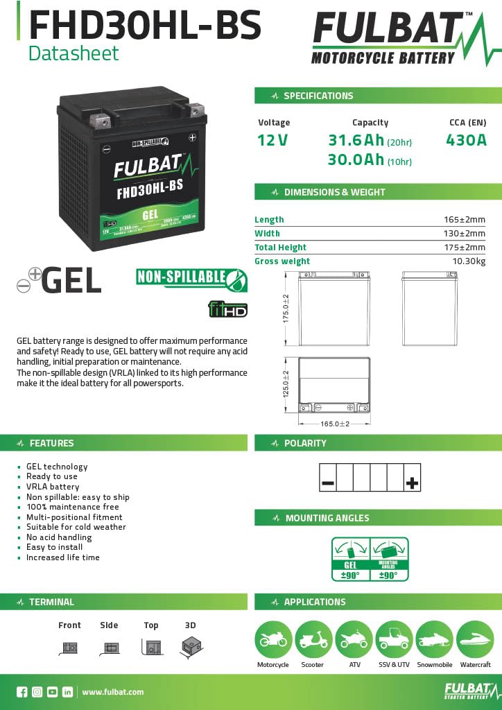 FULBAT - Batteria moto YHD30HL-BS, impermeabile, al gel, 12 V / 30 Ah, speciale Harley
