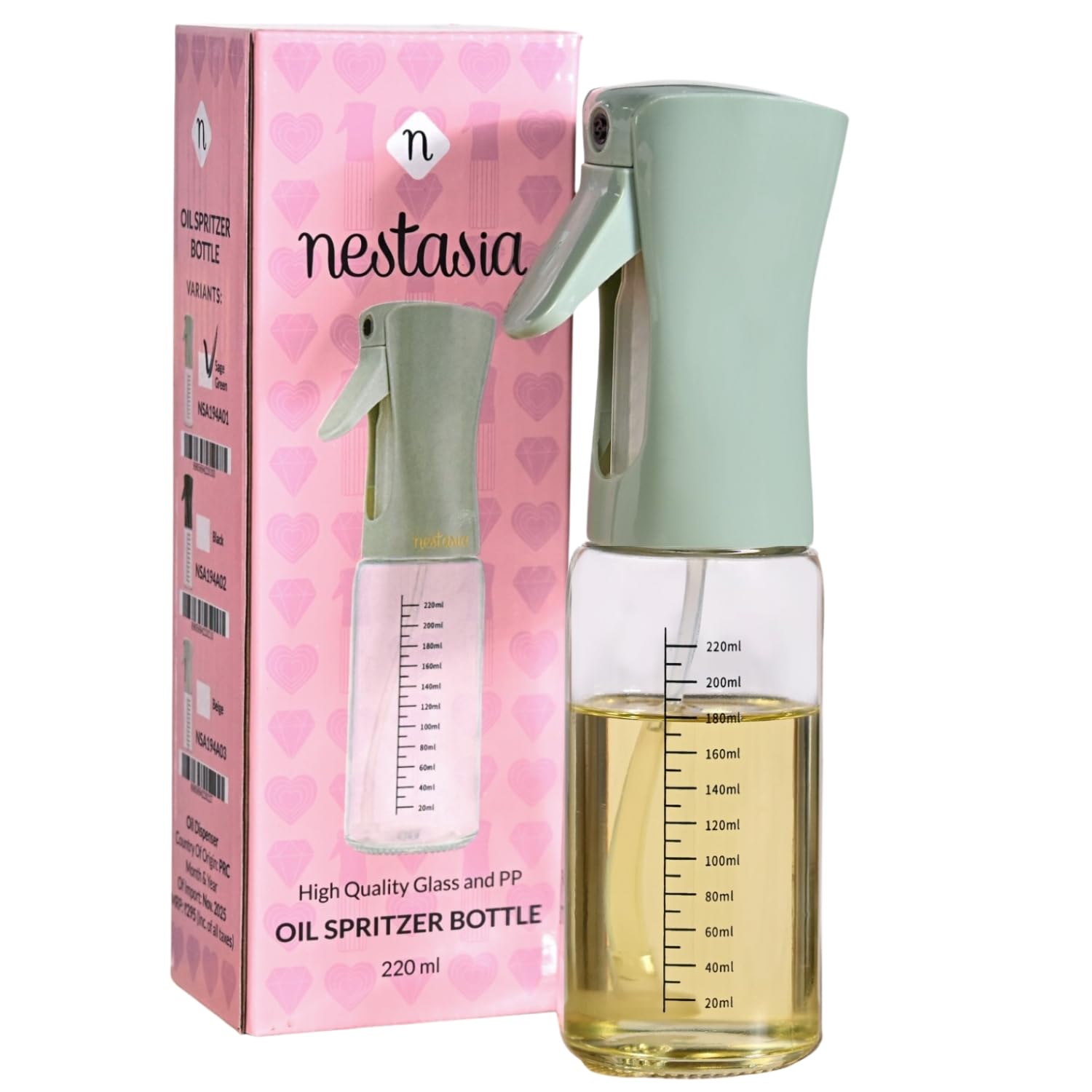 Nestasia Glass Oil Sprayer Bottle for Kitchen (220ml) - 100% Food-Safe Vinegar & Olive Oil Spray Bottle for Healthy Cooking, Salad Dressing, Air Fryer, BBQ & Grilling (Sage Green)-image-20
