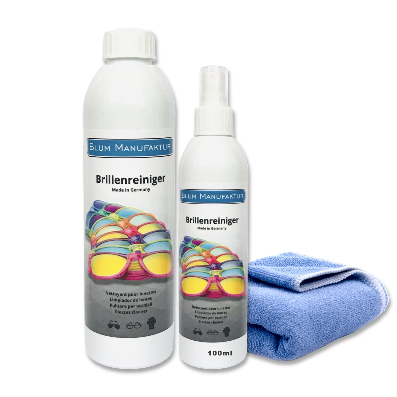 Blum Manufaktur - Limpiador de gafas de 100 ml + 250 ml limpiador de gafas de recambio + paño de microfibra 30 x 30 cm