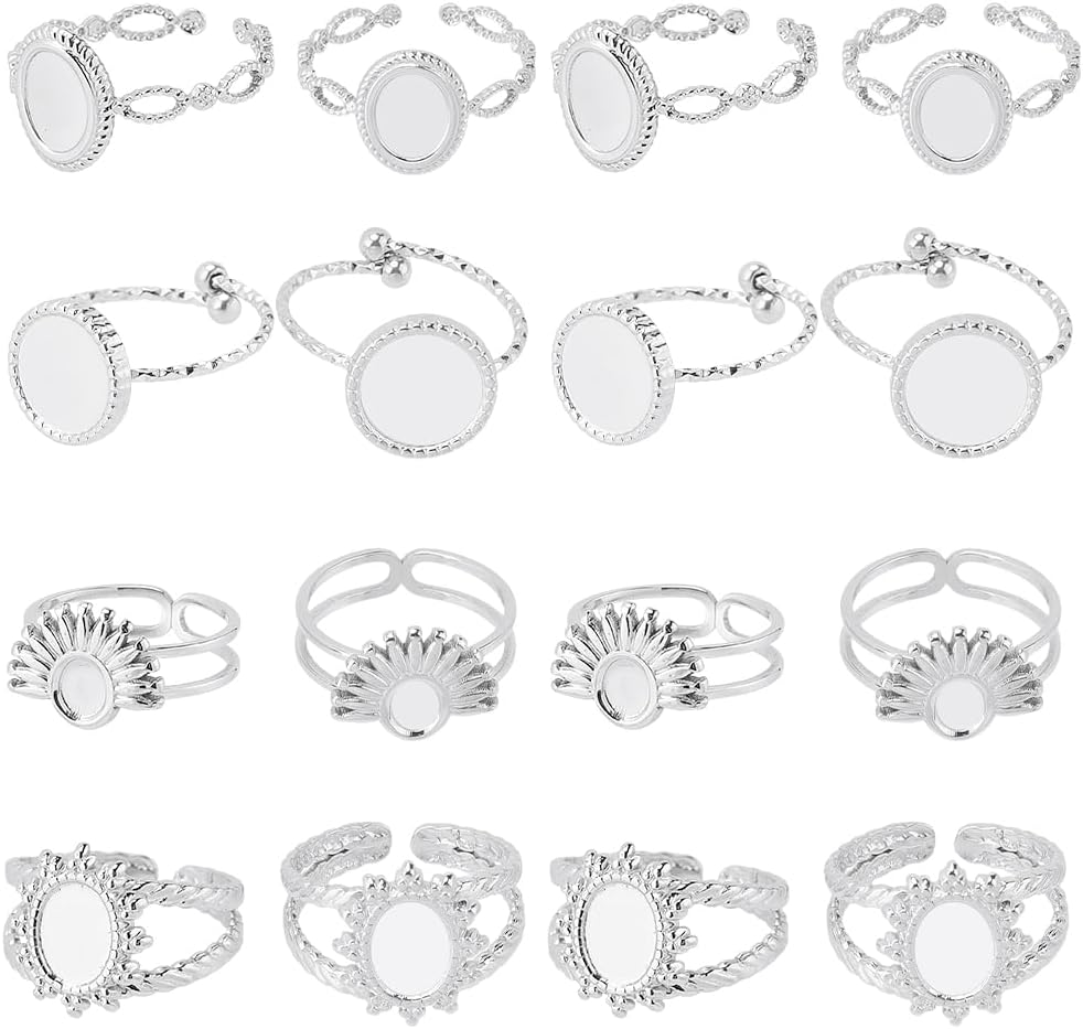SUNNYCLUE 1 Box 4 Styles 16Pcs Ring Blank Setting Stainless Steel Bezel Ring Blanks Silver Adjustable Antique Metal Base Tray Findings Components for Jewelry Making DIY Gifts Supplies Women Adults