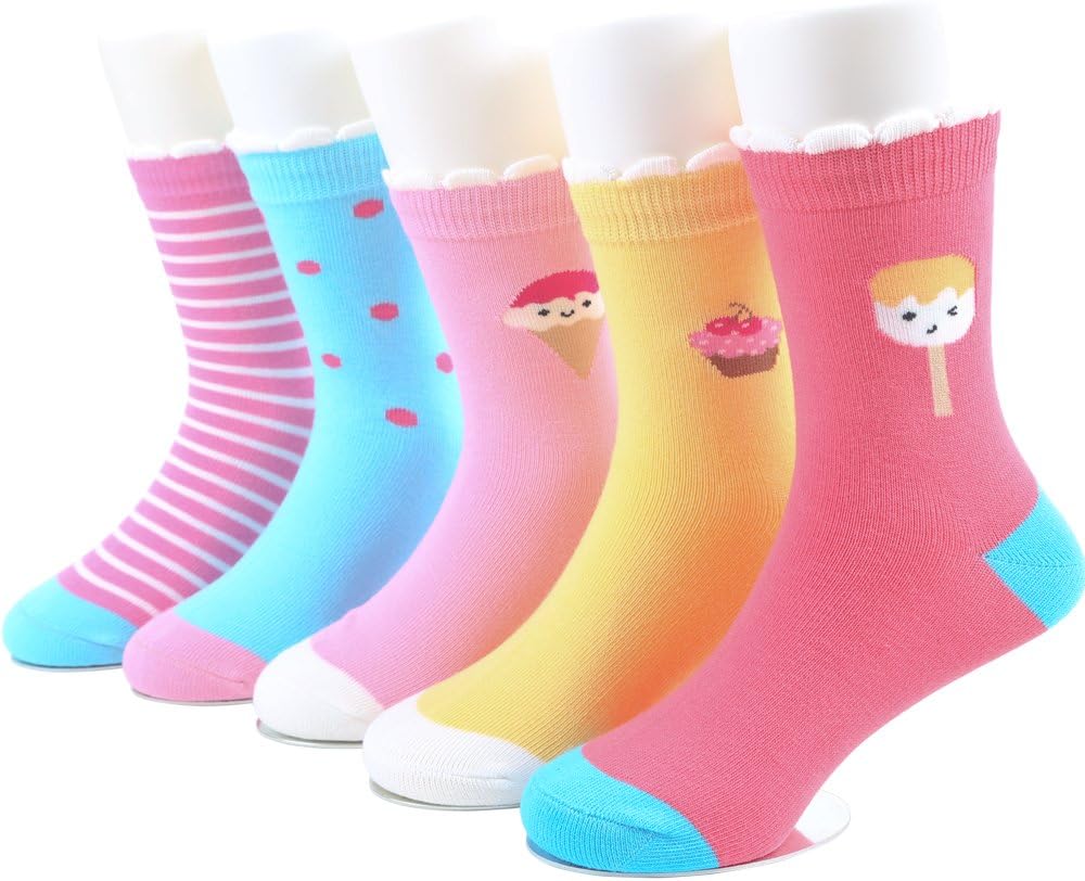 SUNBVEBaby Toddler Little Big Girls Kids Breathable Cotton Crew Socks 5 Pack