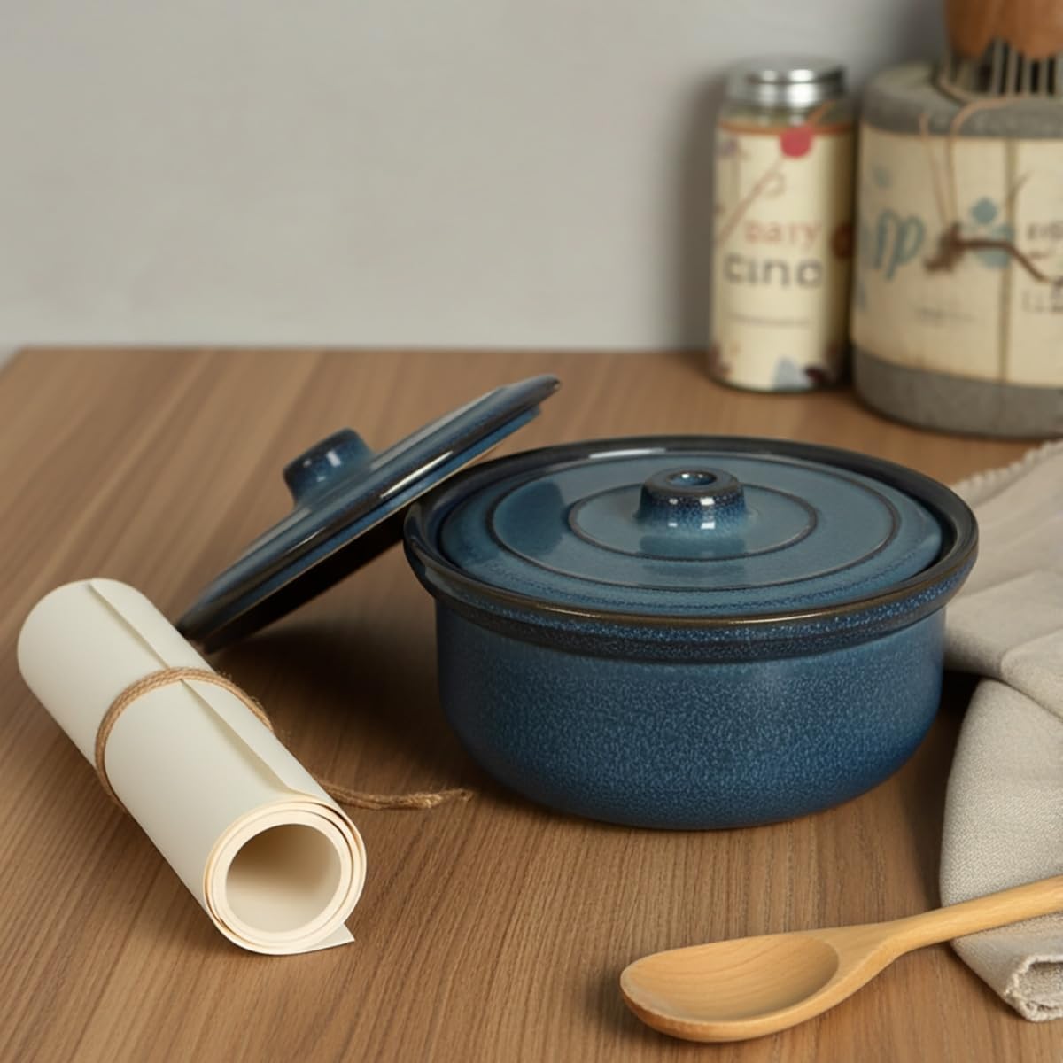 Handmade Stoneware Ceramic Casserole Dish Bakeware with Lid, 3.4 Quart, 10"W x 5"D, Oven to Table Ceramic Round Dish for Dinner and Party-Ocean Blue Color