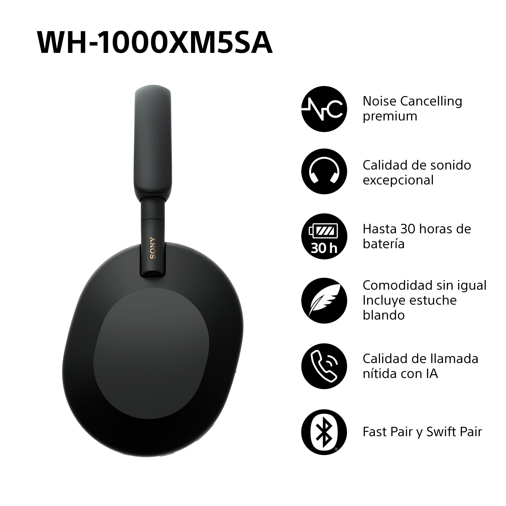 Sony WH-1000XM5SA Edición Especial con Estuche Blando Auriculares inalámbricos Premium y Noise Cancelling, Bluetooth, Llamadas de Calidad, Hi-Res, hasta 30 H de batería, Negro