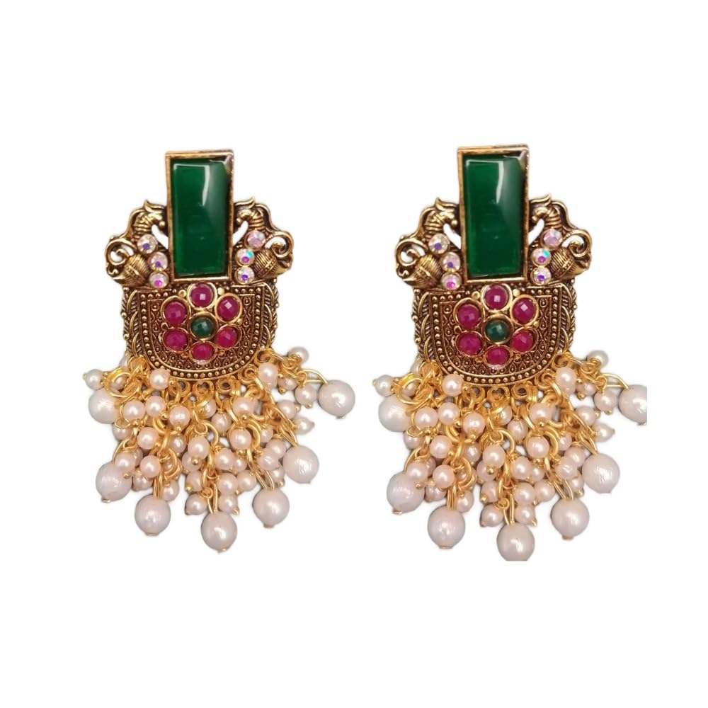 Traditional Chandbali Jhumka Earrings with Green & Red Stones and Faux Pearls for Girls & Women (B0DDKMKVDR) Amazon Price History, Amazon Price Tracker