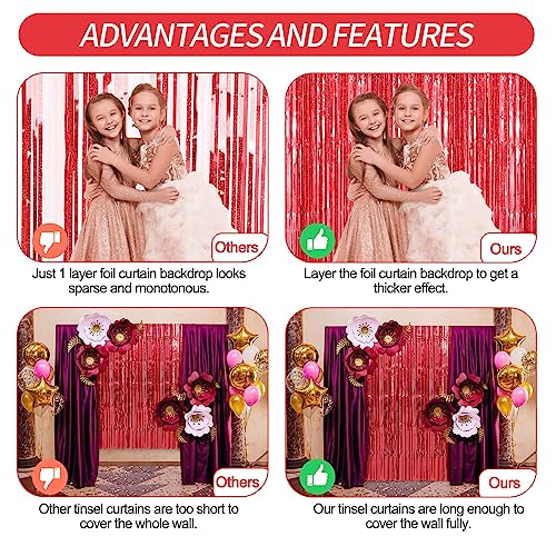 Image of Crosize 2 Pack 3.3 x 9.9 ft Red Foil Fringe Curtains Party Decorations, Red Tinsel Curtain Backdrop for Valentine's Day Parties, Door Streamers, Glitter Streamer Fringe Backdrop for Birthday