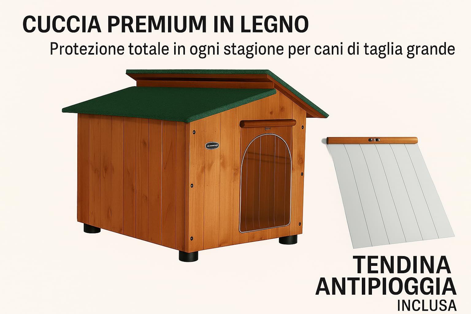 Cuccia in Legno per Cani Modello Setter – Impermeabile, Coibentata, Tetto Apribile, Pavimento Isolato – Pino di Svezia Resistente – Con Tendina Basculante Termica in Omaggio – Misure 70×90×80 cm