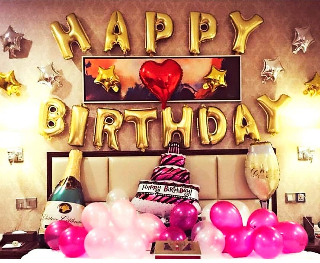 Smartz Minds Happy Birthday Foil Balloon(Golden) with 4pc Star(Silver & Golden) 2pc Red Heart + Bottle & Glass +1pc Cake Foil Balloon + 60pc Metallic Balloon +1pc Ribbon