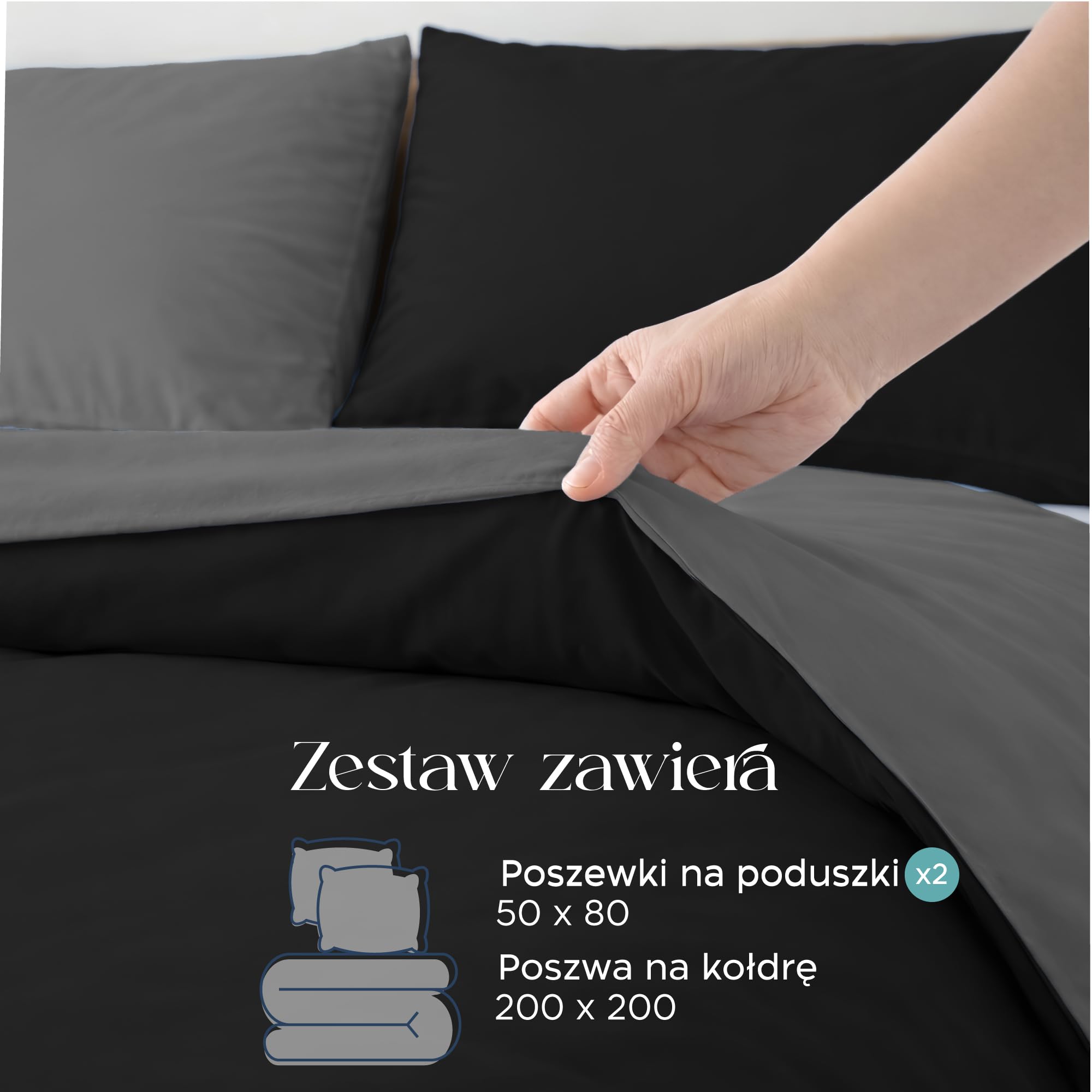 Twinzen Poszewka na kołdrę Reversible 200x200 cm, z 2 poszewkami na poduszki 50x80 cm, kolor czarny/ciemnoszary – komplet pościeli z mikrofibry 200x200 – Oeko-Tex
