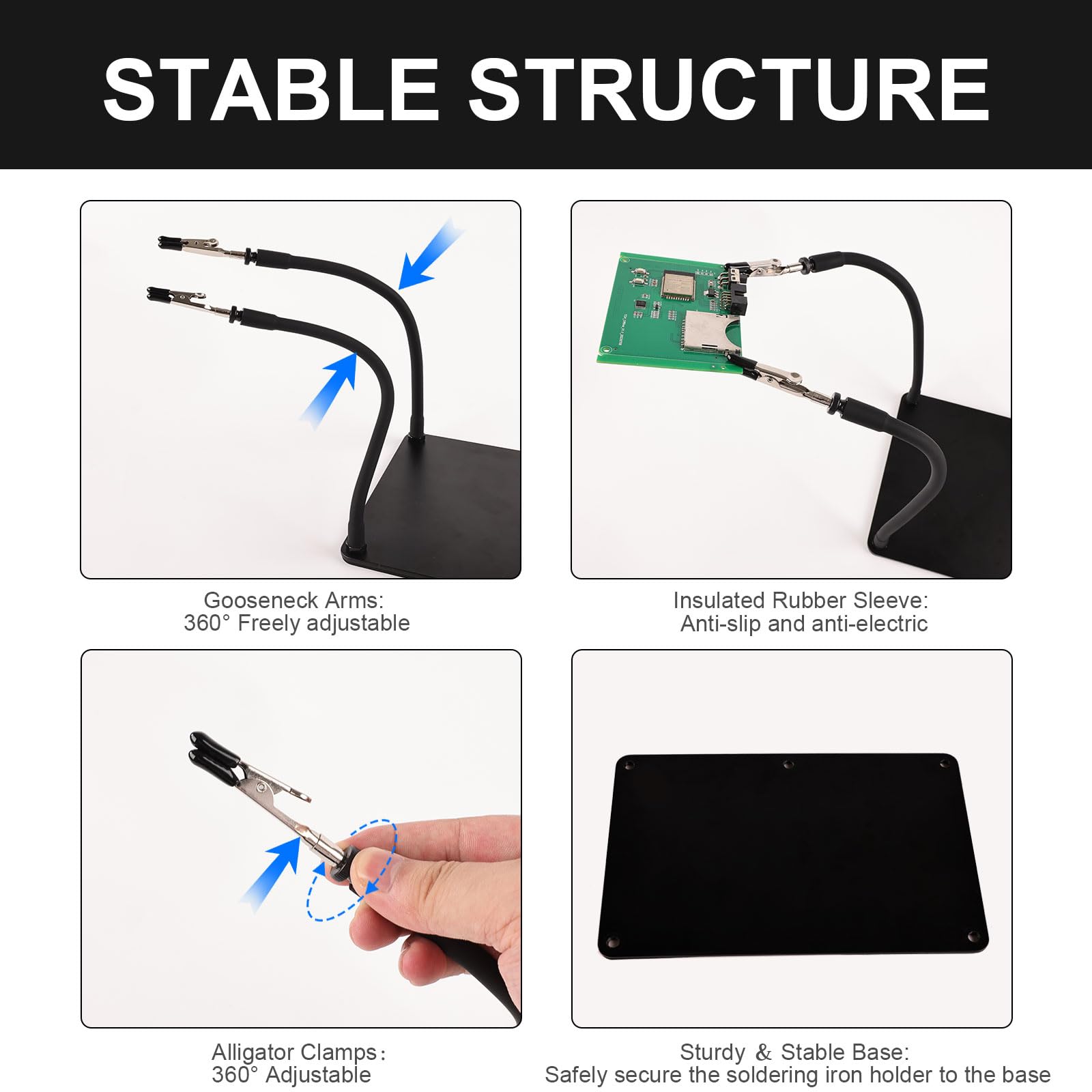 LAKIX Helping Hands Soldering, Third Hand Soldering Tool with 4 Flexible Arms and 3X LED Magnifying Glass, Electronic Repair Soldering Jewelry Crafts