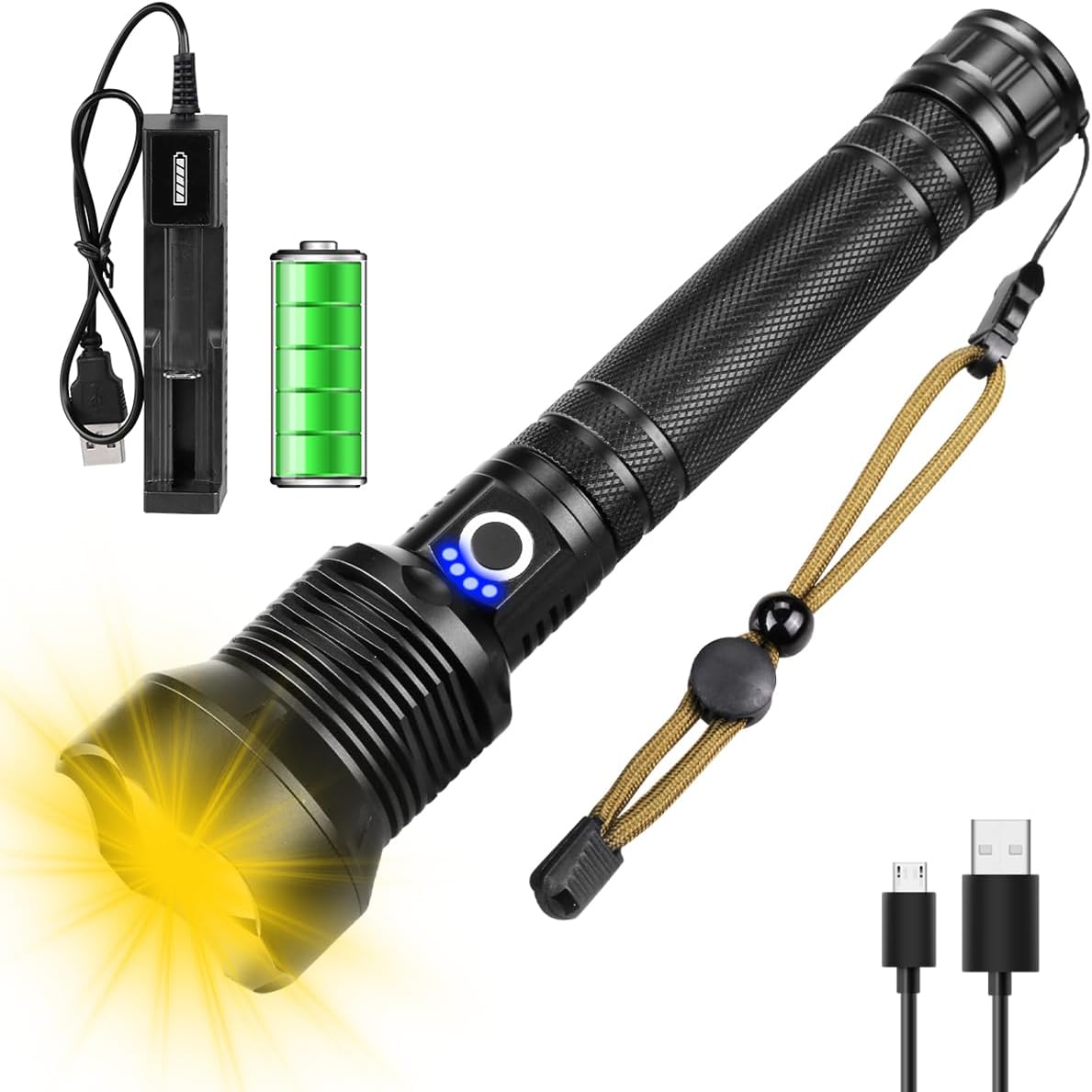 WholeFire Rechargeable Flashlight XHP70 LED Torch Yellow Warm Light Flashlight Amber Yellow Light 3 Modes Adjustable Focus Flash Light Anti-fog Lamp for Emergency Outdoor Hiking Sandstorm