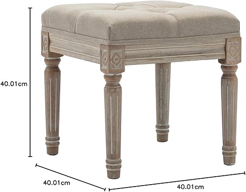 Miniatura 3 de K.MAX - Banco de entrada tapizado, banco otomano rústico con patrón tallado y patas de madera de goma cepillada color blanco rústico, gris