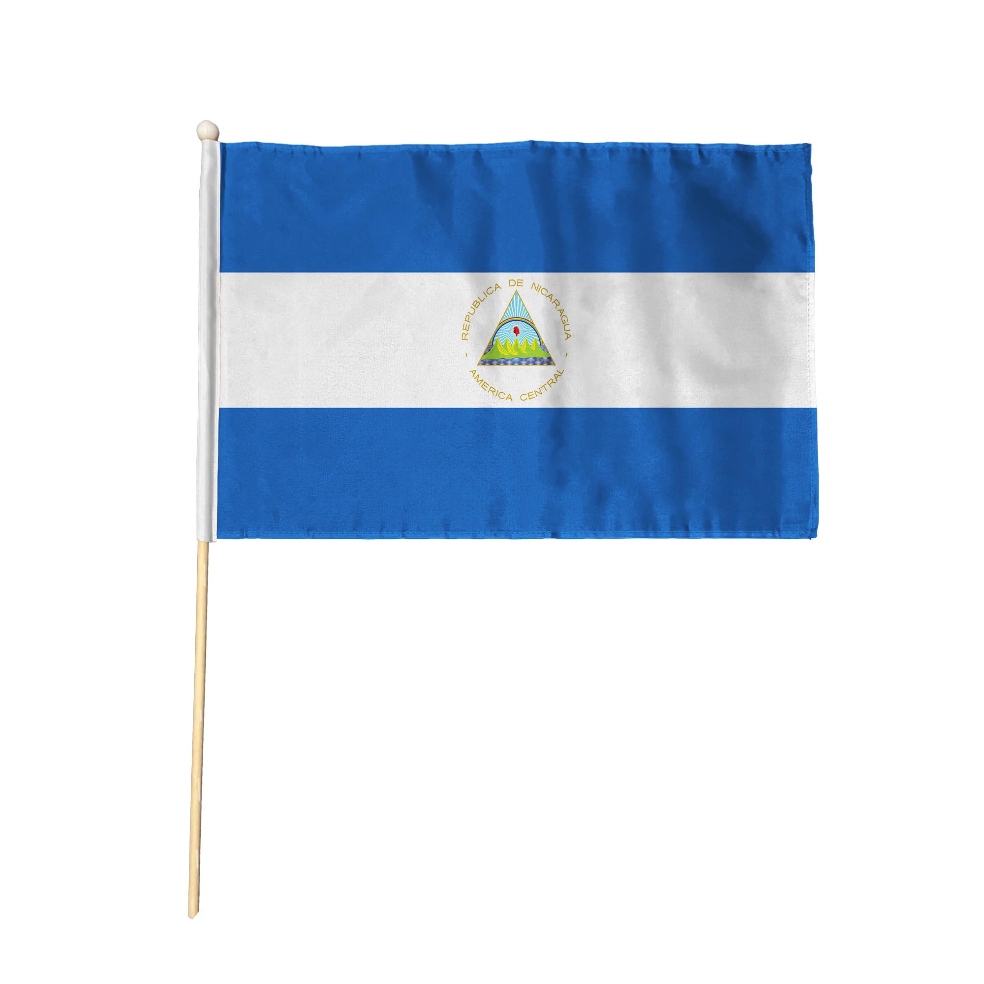 Flagtex Nicaragua Hand Waving Flag (9x6 Inch) - Premium Wooden Stick Hand Flag 9x6 Inch Natural Wood Pole Blue White Stripes Coat of Arms Flag Events Parades