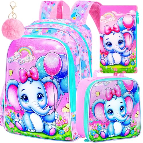 3PCS Backpack for Girls, 16'' Kids Elephant Bookbag with Lunch Box, Cute Animal Water Resistant School Bag Set for Elementary Kindergarten Preschool