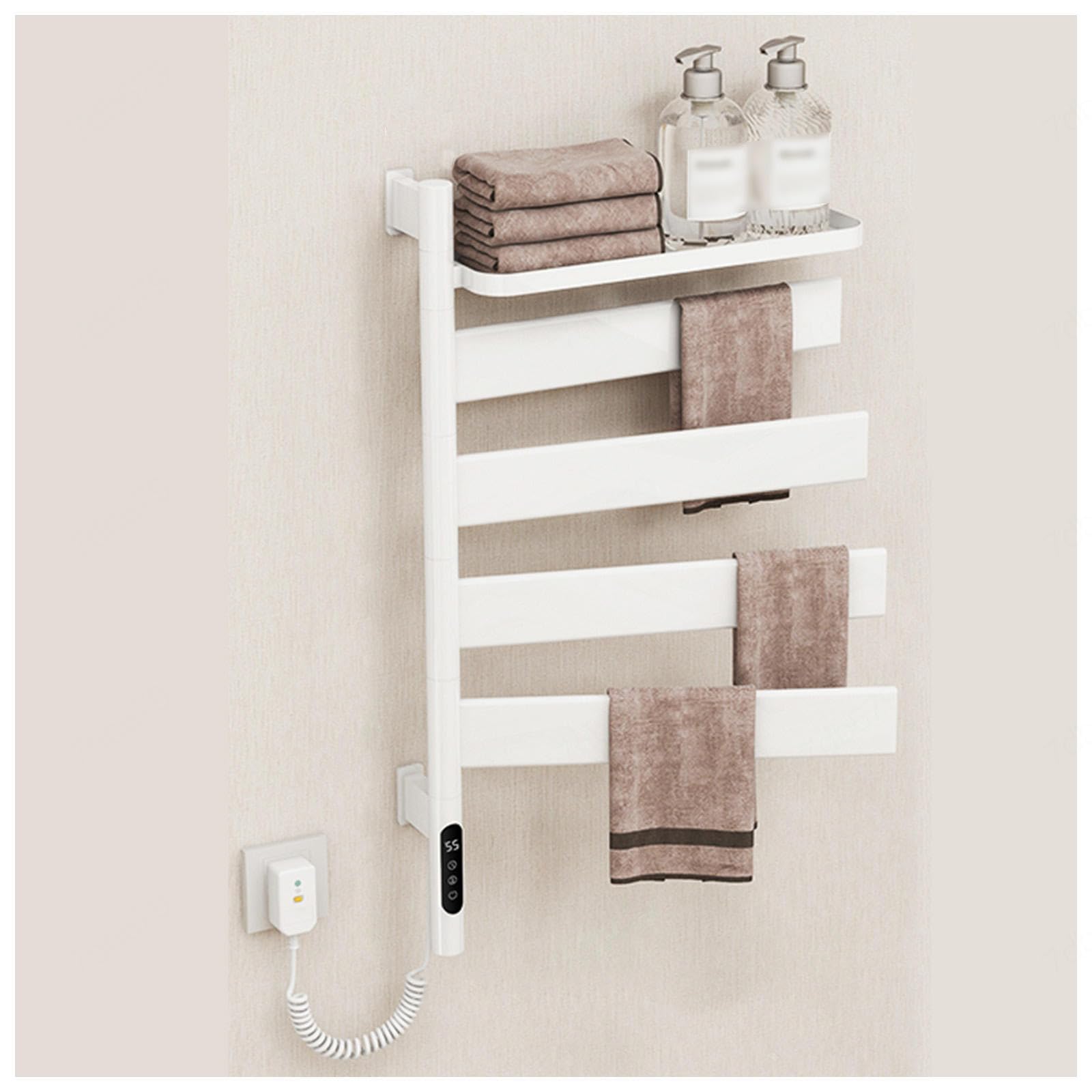 Heated Towel Rack Wall Mounted 180° Rotating, Towel Heater for Bathroom with Timer, LED Display, Overheat Protection, Electric Towel Warmer Rack Hard Wired/Plug-in,White