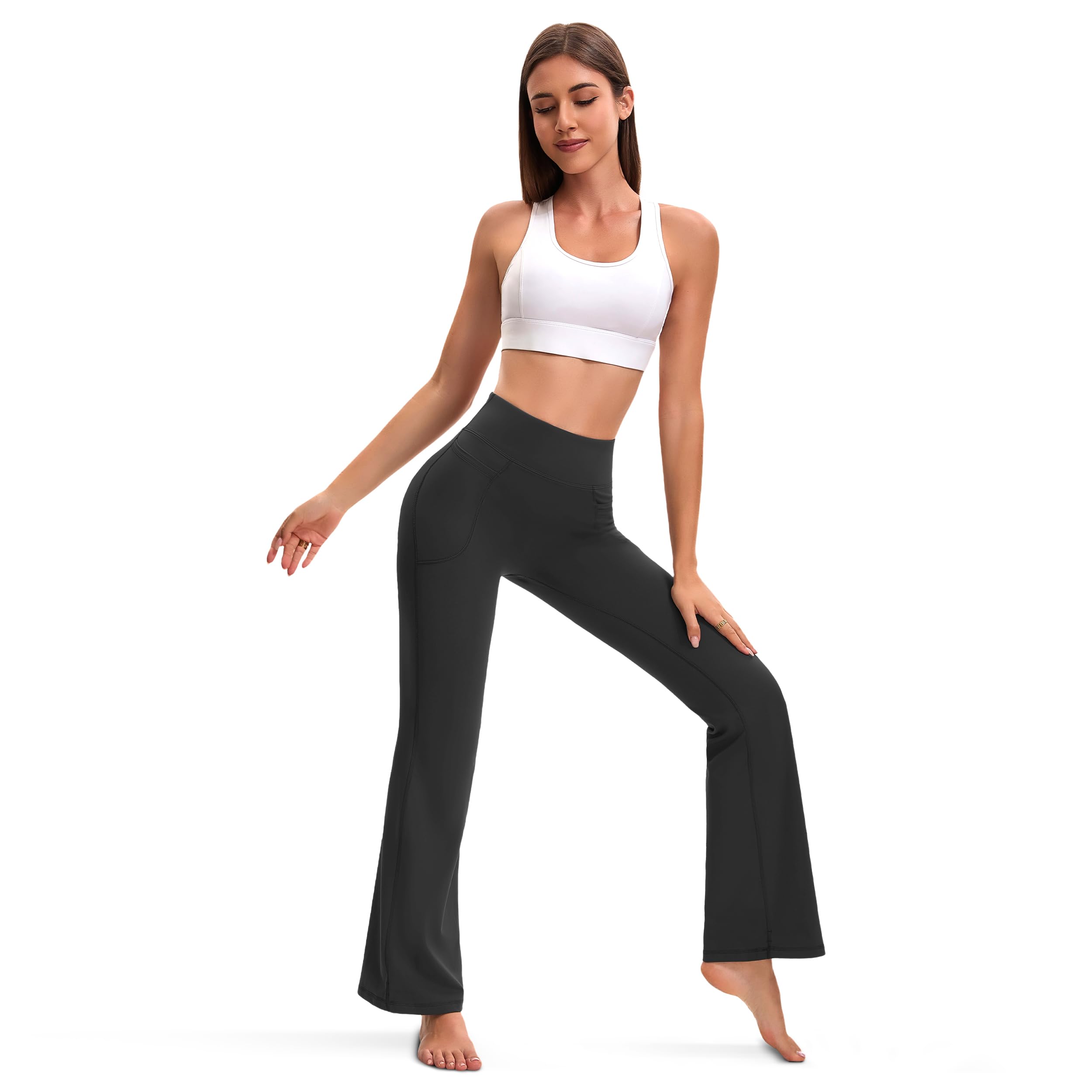 Legging évasé push-up pour femme, pantalon de yoga, pantalon de jogging, taille haute, coupe bootcut, pantalon de sport, legging d'entraînement avec poches