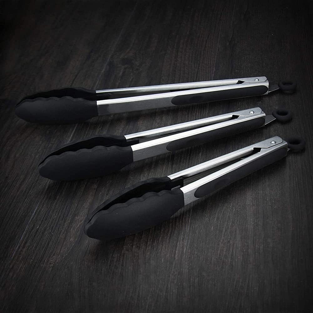 Lot de 2 Pinces de Cuisine Noires en Silicone de qualité supérieure sans BPA antiadhésives en Acier Inoxydable pour Barbecue, Cuisson, grillades, Pinces Alimentaires verrouillables