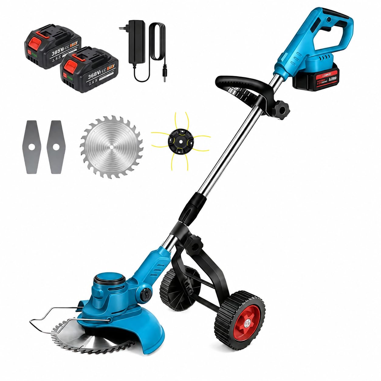 Desbrozadora Electrica 1000W，Desbrozadora Bateria Inalambrico,Baterias de 6000 mAh,3 Tipos de Cuchillas, Varilla Extensible y Angulo Ajustable, Ancho de Trabajo 20 cm