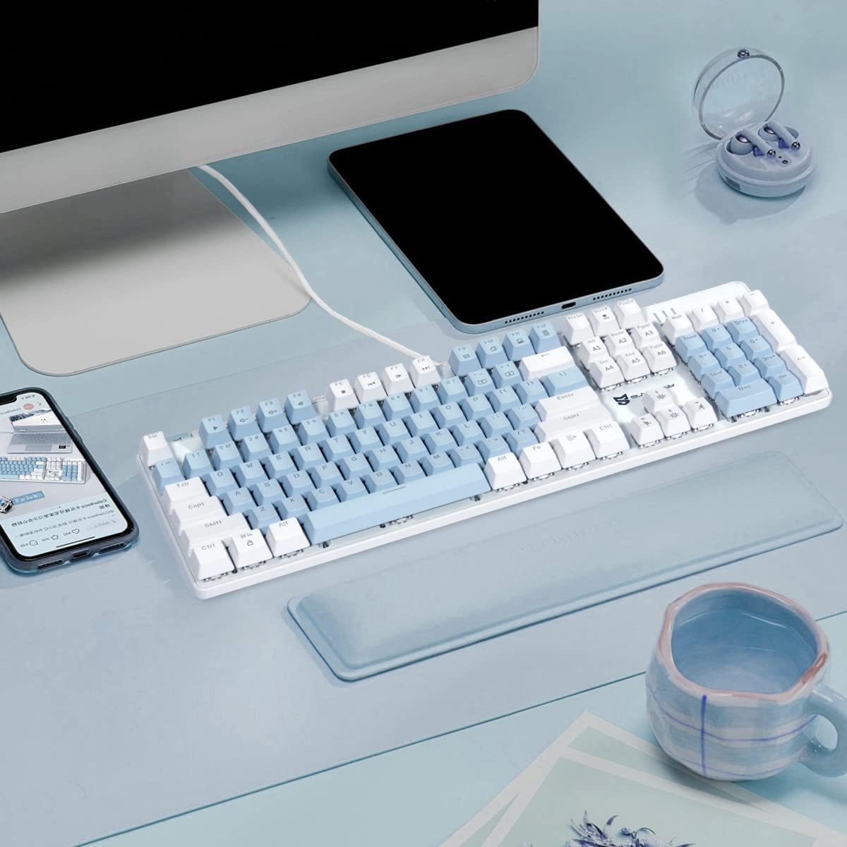 Qisan Mechanical Gaming Keyboard Wired Ice Blue Led Backlit Keyboard Blue Switch Full Size 104 Keys US Layout | Computer Keyboards | Gaming Accessories — view 7