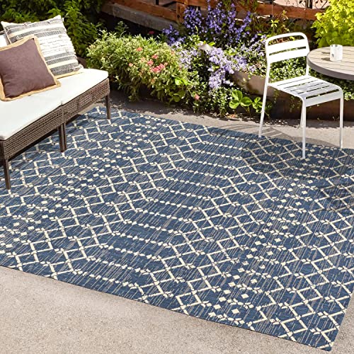 Image of JONATHAN Y Moroccan Geometric Indoor Outdoor Area Rug 8X10 Navy /Beige, Ourika Textured Weave for Backyard, Patio, Porch, Easy-Cleaning, High Traffic, Pet-Friendly, Non-Shedding (SMB108K-8)