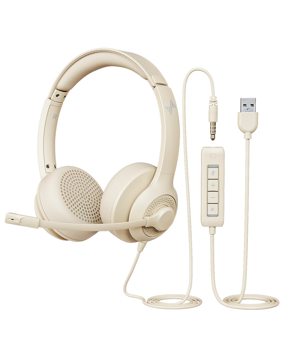 JIAMQISHI USB Headset with Microphone for PC, On-Ear Computer Laptop Headphones with Noise Cancelling Mic in-line Control for Home Office Online Class Zoom (USB+3.5mm, Apricot)
