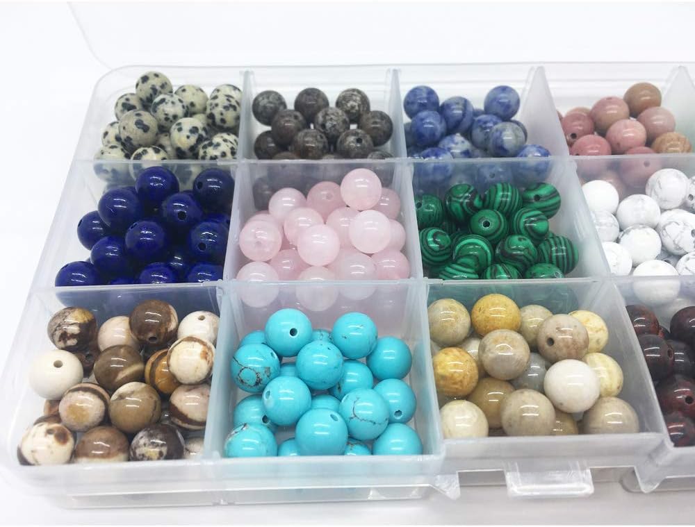 450pcs 8mm Natural Round Stone Beads Gemstone Beading Loose Gemstone Beads Hole Size 1mm DIY Smooth Beads for Bracelet Necklace Earrings Jewelry Making,Box Packed (15 Material-1, 8mm) 15 Material-1, 8mm 8mm