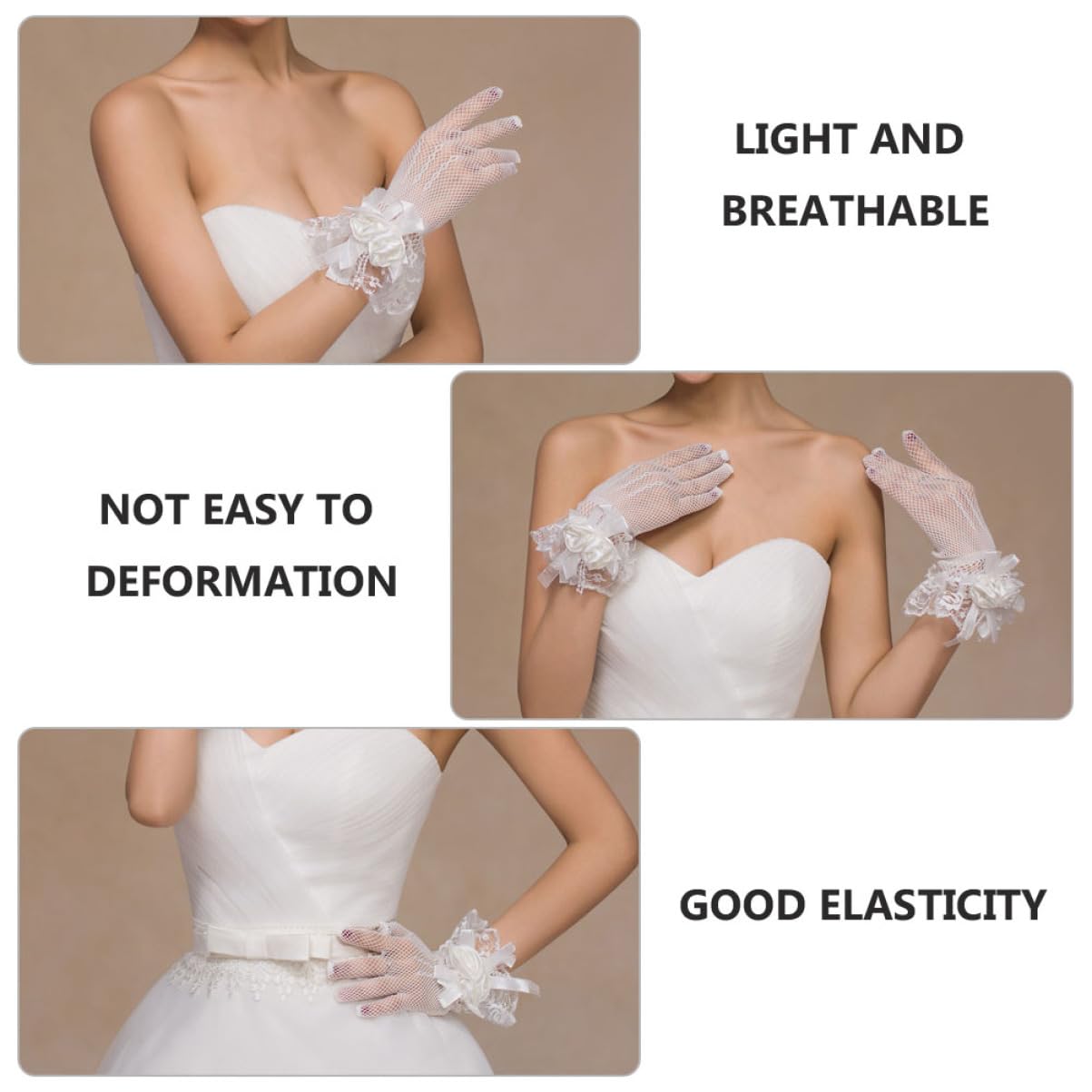 FRCOLOR Guantes De Boda Formal Guantes De Encaje De Las Mujeres Novia Guantes De Vestir De Mujer Guantes De Red Nupcial Guantes De Boda Guantes De Raso De Boda Beige Cintas…
