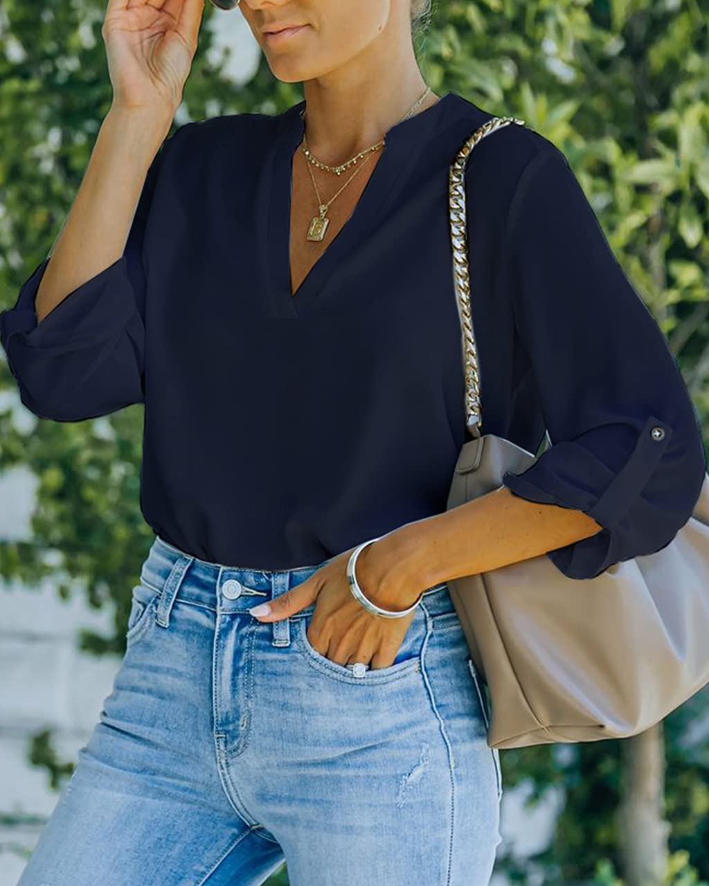 NONSAR Camicetta da donna Henley, elegante, con scollo a V, maniche arrotolabili, in stile casual