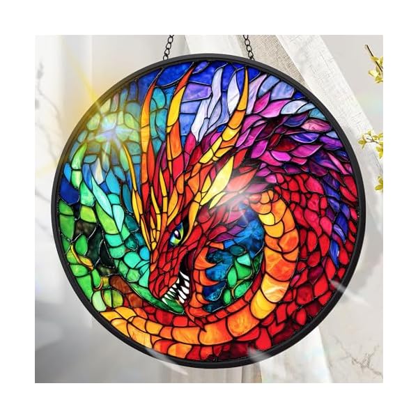 Colorful Acrylic Suncatcher, Dragon Hanging Window Decor with Printed Stained Glass Style Design Sun Catcher, Rainbow Maker Wall Art, Gift Idea & Garden Ornament Indoor Outdoor Use 7.8 x 7.8 inch
