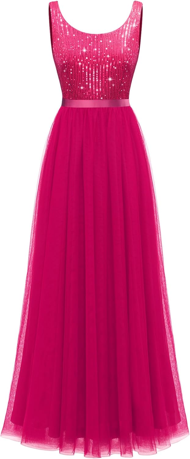 BeryLove Sequin Dress for Woman Vintage A Line Wedding Formal Swing Mesh Dress Sleeveless Cocktail Maxi Gowns