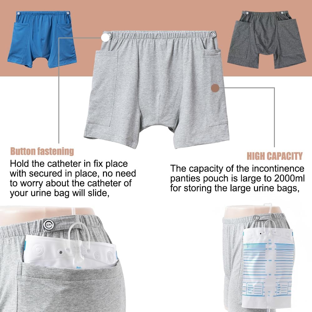 3 Pack Urine Bag Shorts for Men, Ostomy Drainage Bag Underwear, Incontinence Care Trousers, Catheter Bag Shorts, 2XL