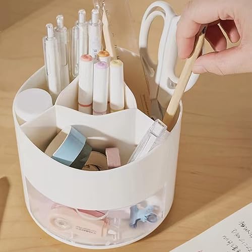 Miniatura 6 de Portalápices giratorio de 360 grados con cajón, 5 compartimentos de escritorio estacionario para brochas de maquillaje cosmético para tocador,