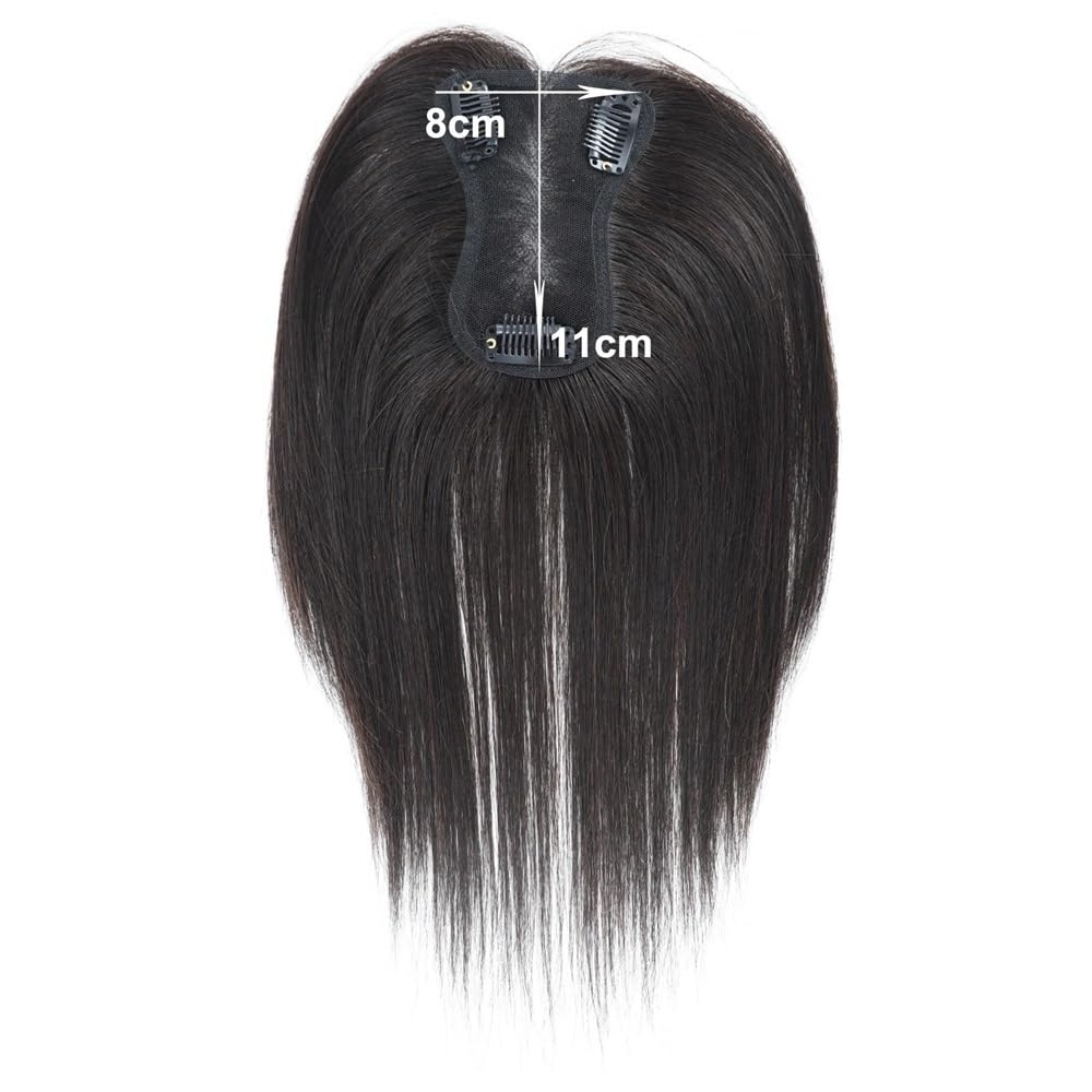 Topper per capelli umani con frangia 8 x 11 cm, base in pizzo svizzero, parrucca morbida, leggera e traspirante con 3 clip, linea di capelli naturali per le donne (nero naturale)