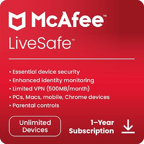 McAfee Live Safe Dispositivos ilimitados Software antivirus de Internet y seguridad de identidad Suscripción de 1 año Código de descarga