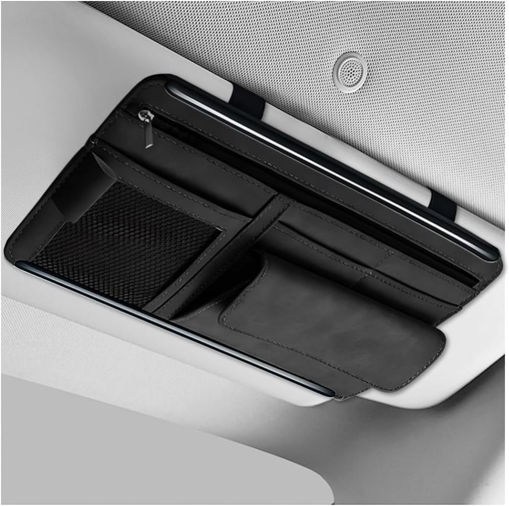 Car Sun Visor Organizer, Leather Sun Visor Pocket Organizer Case with Multi-Pocket Net Zipper, Suede Note Holder Car Visor Storage Pouch for Card Pen Sunglasses Document (Black)