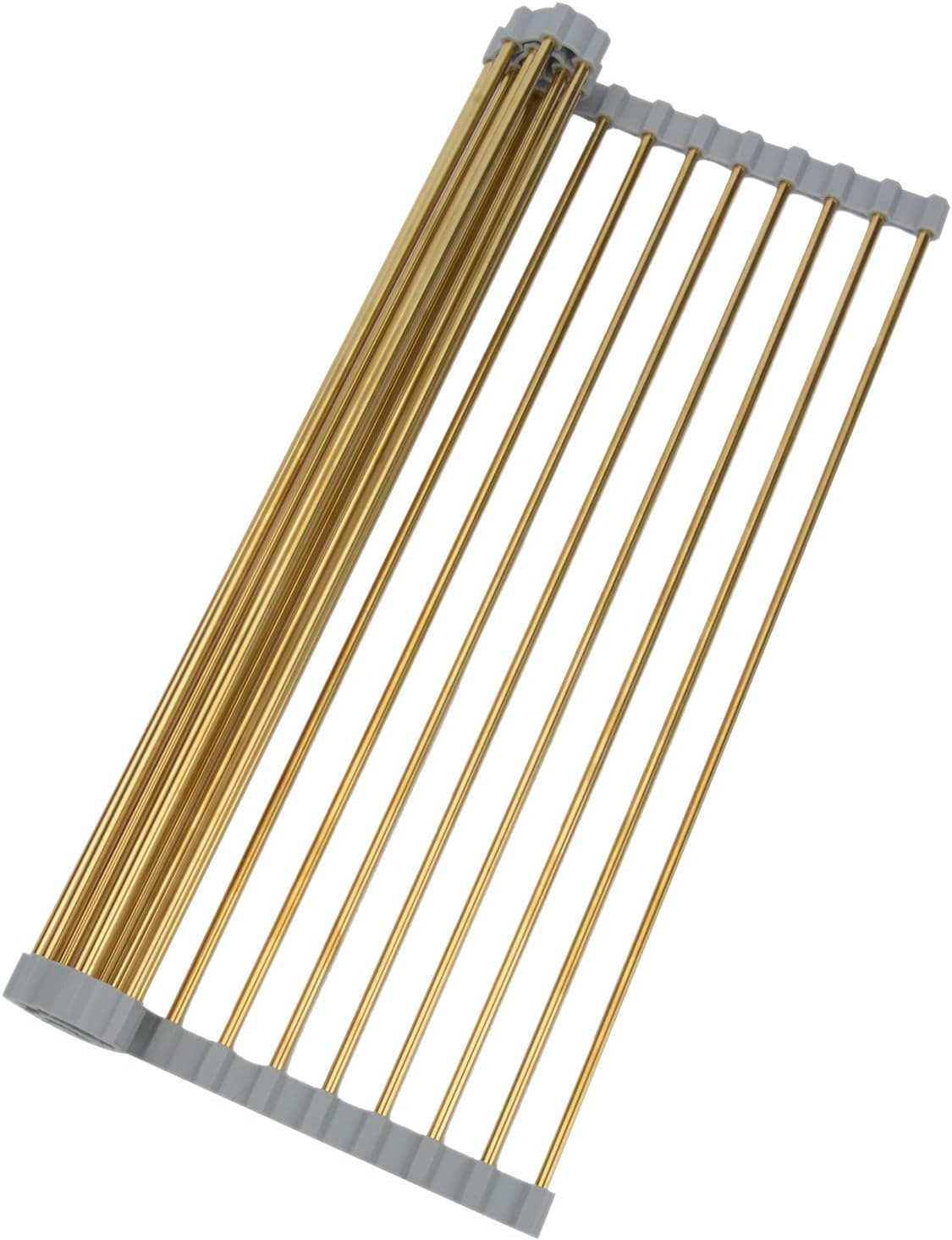 Snailhouse Dish Drying Rack, Stainless Steel Roll Up Dish Drainer Over The Sink with Anti-Slip Silicone for Kitchen Counter, Gold (17.8 x 11.8 in)
