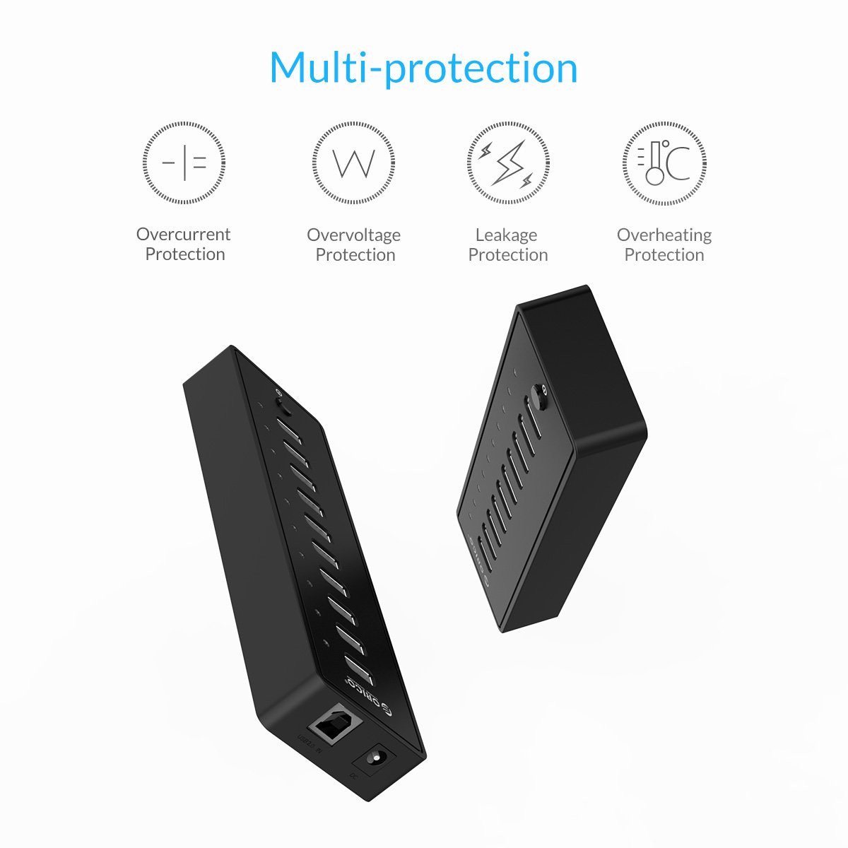 ORICO Koncentrator USB 2.0 z 10 portami i zasilaczem sieciowym 30 W, przyłącze zasilania do komputerów stacjonarnych, notebooków, MacBook iMac