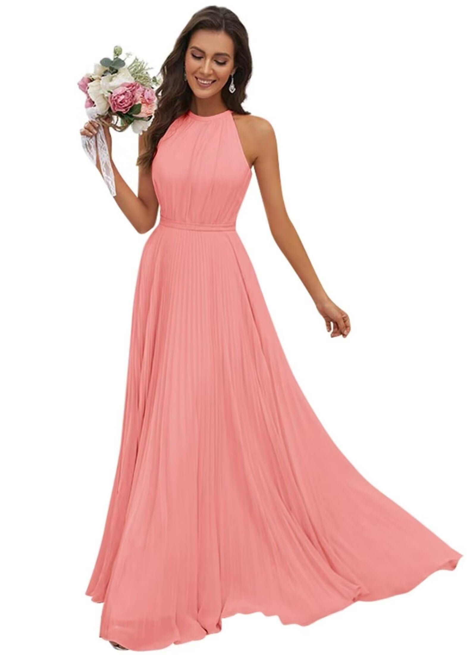 JAEDEN Abendkleid Damen Lang Elegant für Hochzeit Neckholder Brautjungfernkleider Chiffon Festliches Party Kleid Koralle 36