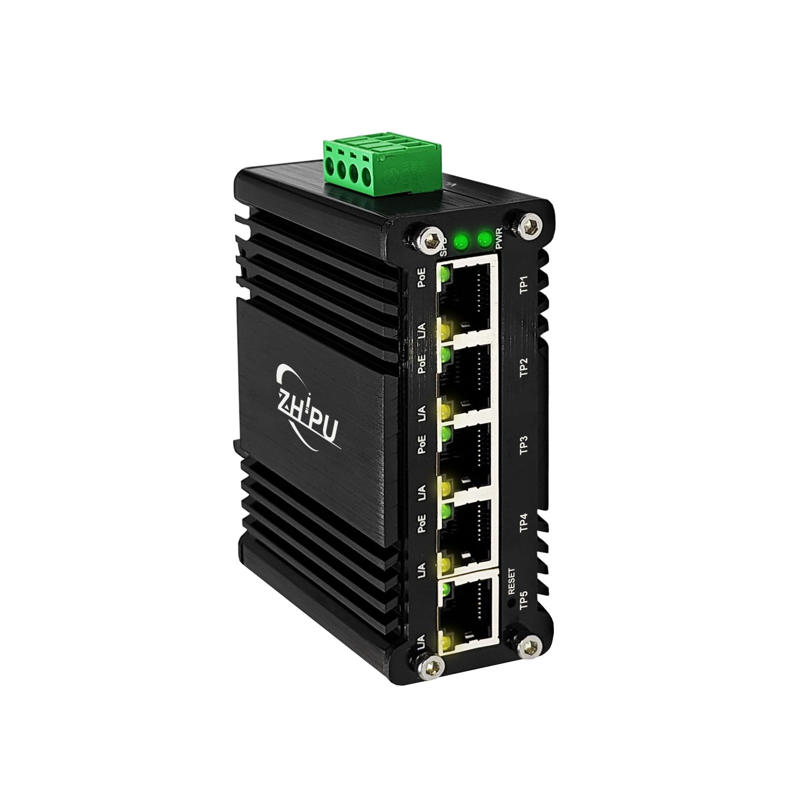 Switch PoE Gigabit gestito industriale a 5 porte, supporta DC12V-48V a DC48V PoE, alloggiamento in metallo robusto, 4 porte PoE (802.3af/at) 30 W ciascuna, 120 W totali, montaggio su guida DIN