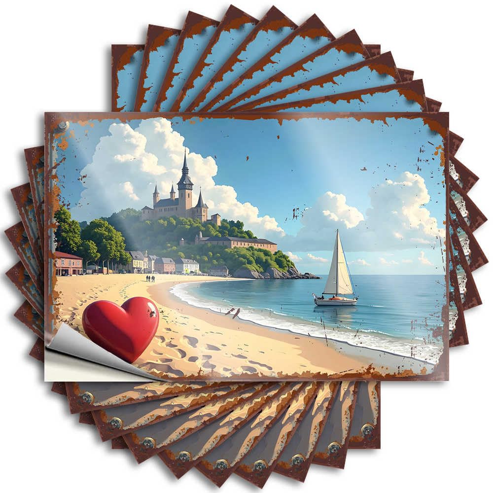 Housewarming Lettering Sticker Durable Door | Romantic Beach Scene with Castle and Sailboat Unique Self Adhesive Sticker for Billiards DIY(8X12CM)