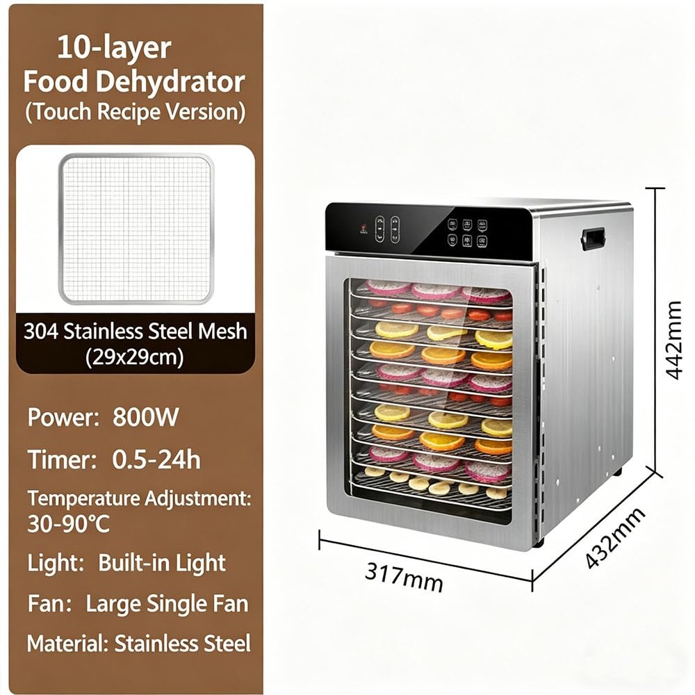 Essiccatore per Alimenti professionale 800W in Acciaio Inox, 10 Vassoi in Acciaio Inox, Grande Capacità, Display LED, Timer 24H, Temperatura Regolabile 30℃ – 90℃, per Carne, Frutta, Verdure(10 tray)