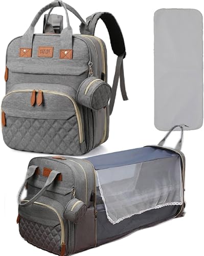 Diaper Bag Backpack, Baby Diaper Bag with Changing Station Multifunctional Travel Pack Baby Bag, Waterproof Large Capacity with USB Charging Port, Gray